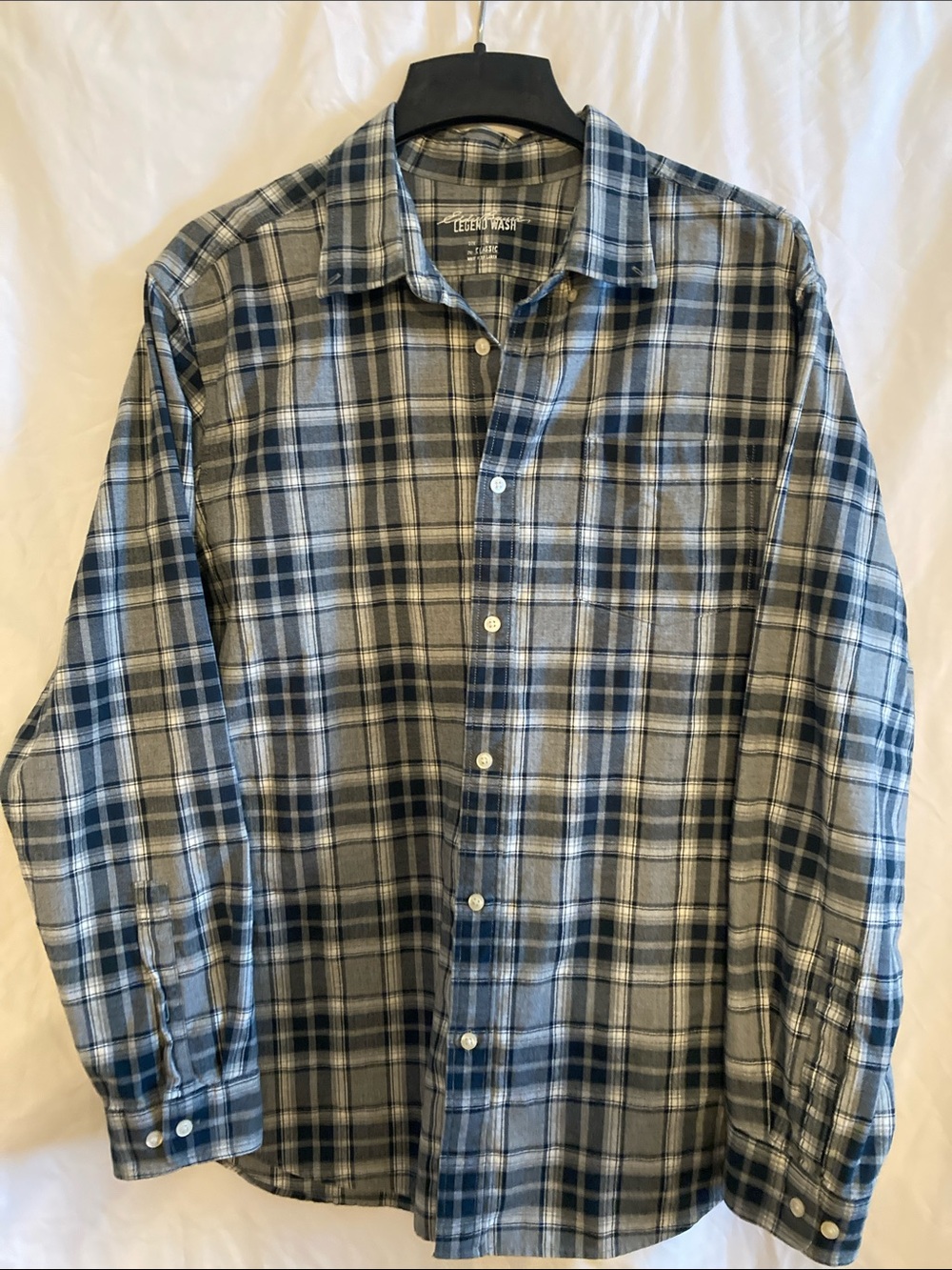 Eddie Bauer Legend Blue and Gray Plaid Long-Sleeve Button-Down Shirt